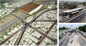 （左）プロジェクト全体図　　（右上）実物のバス待合所　（右下）バスレーンの両サイド