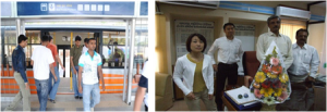 バスのドアと連動して開く自動ドアで乗降する乗客たち（左） 現地で大歓迎された当社の国際部と技術指導スタッフ達（右）